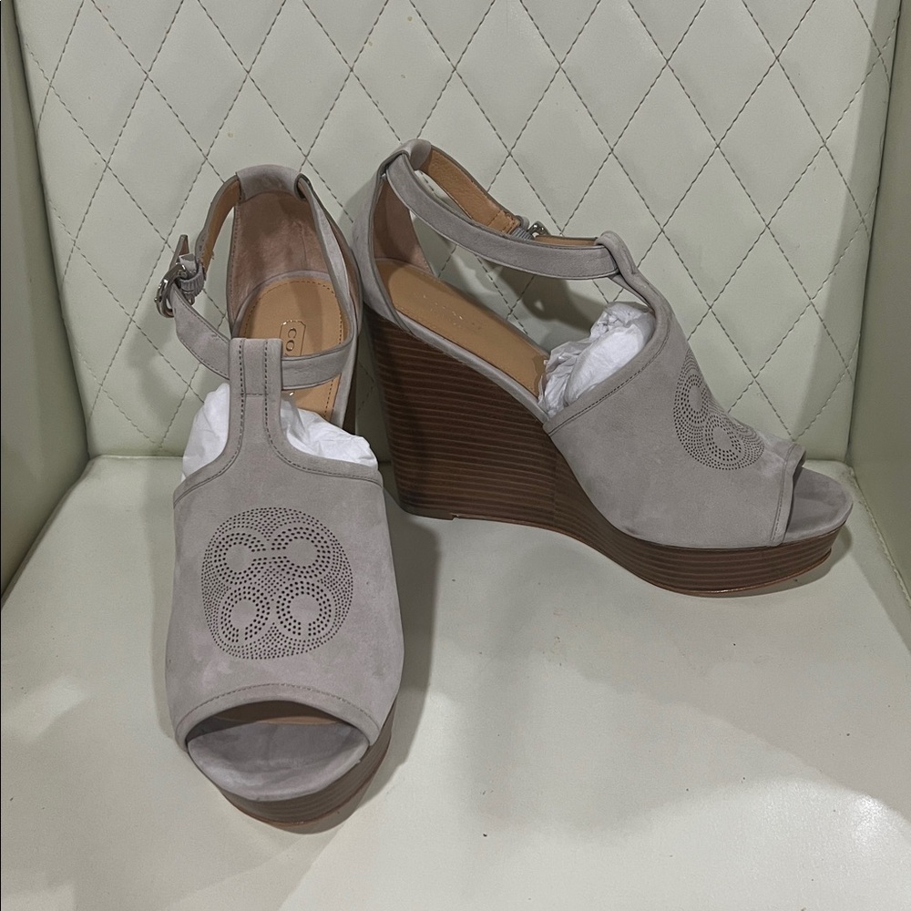 Coach Suede Gray Wedge Sandals with Logo Cutout Design